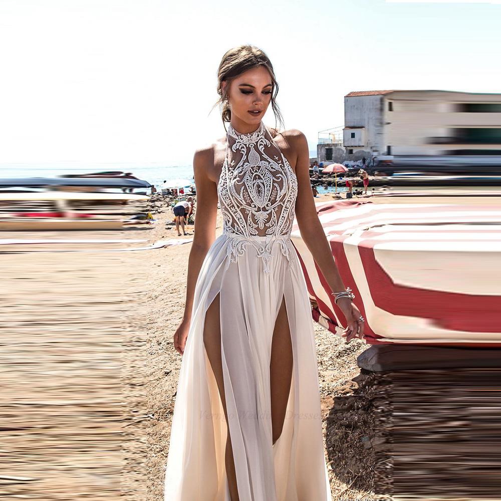 Beach Wedding Dress Boho Bride Gown Sexy High Side Slit Halter Lace To –  Bella Fancy Dresses US