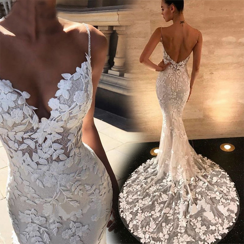 Backless Wedding Dresses Lace Mermaid Sexy Straps Bride Dress