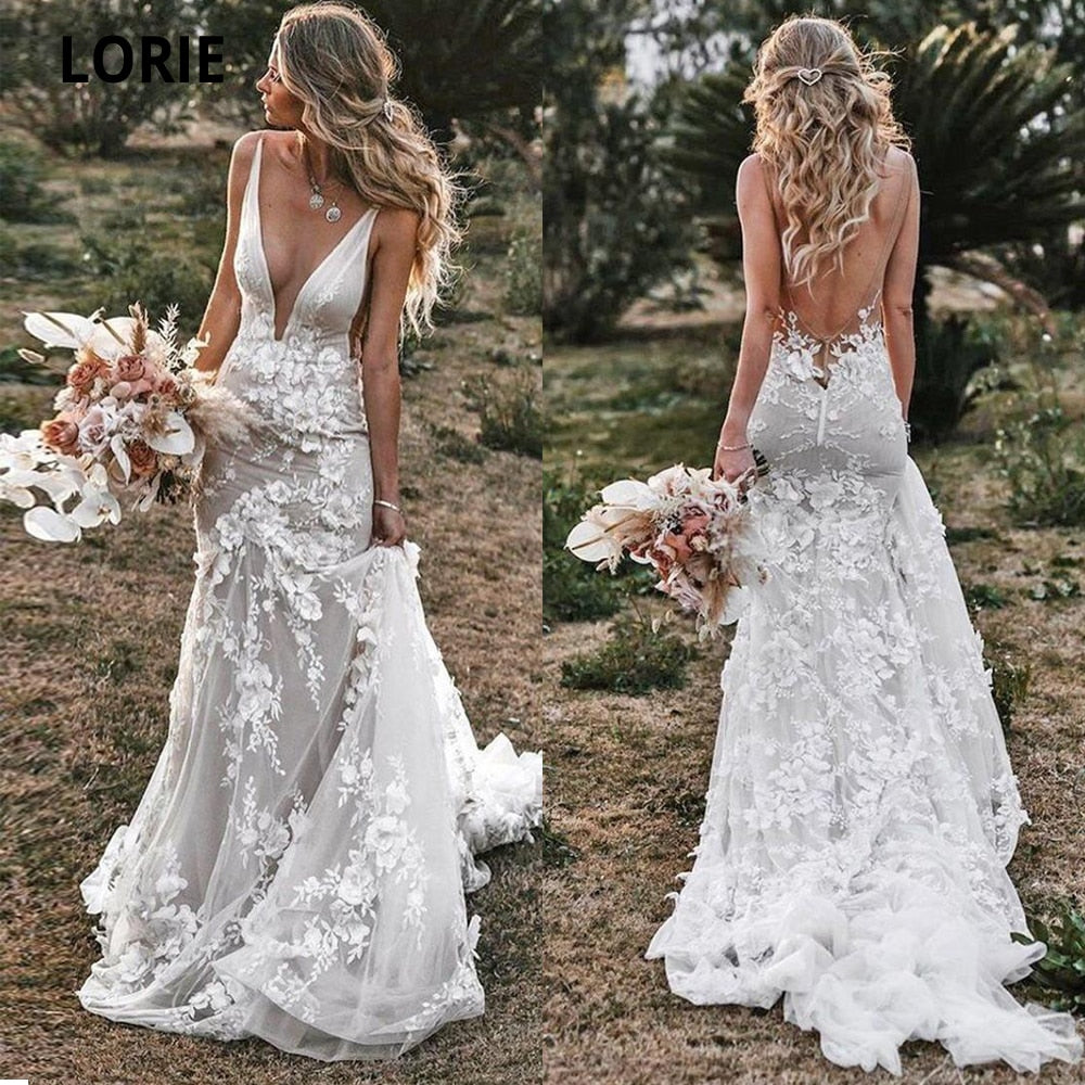 LORIE Vintage Mermaid Wedding Dresses 2020 V-neck Backless Lace Appliques  3D Flowers Country Bridal Gown Plus Size Custom Made