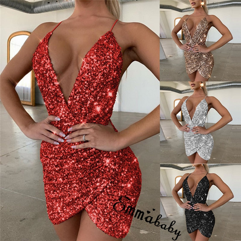 Glitter Spaghetti Straps Mini Dress Sexy Bodycon Party Dresses Backless  Clubwear Satin Mini Dress