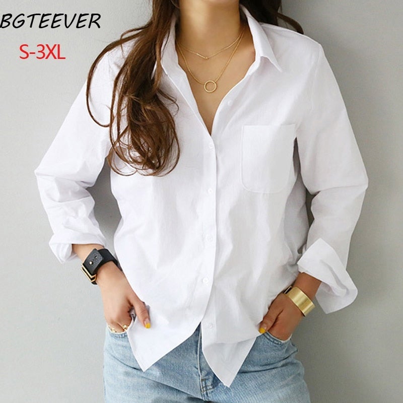 S-3XL Spring One Pocket Women White Blouse Female Shirt Tops Long