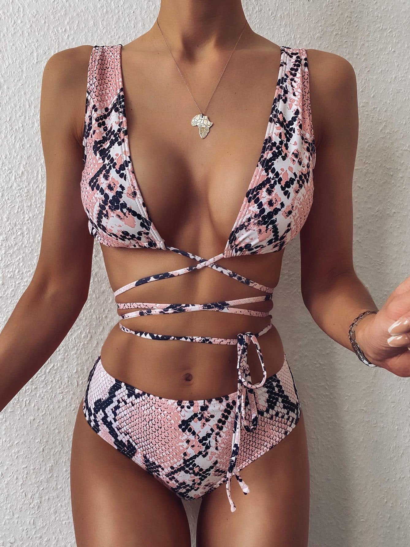 Sexy Tie Wrap High Waist Snake Print Bikinis Bella Fancy Dresses US