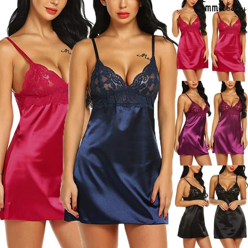 Women's Night Short Dress Nightgown Satin Silk Lace Lingerie
