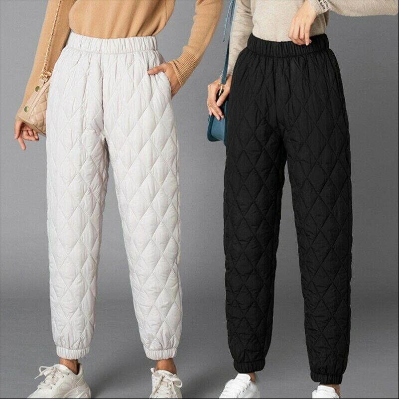 Women Winter Warm Down Cotton Pants Padded Quilted Trousers Elastic Wa