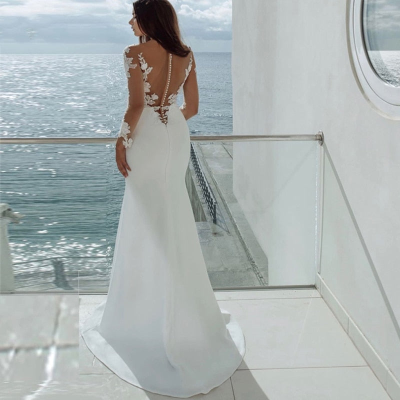 Long Sleeves Mermaid Wedding Dresses White Sexy Illusion Neck Lace Appliques Elegant Bridal Dress Gowns Beach Vestidos De Noiva