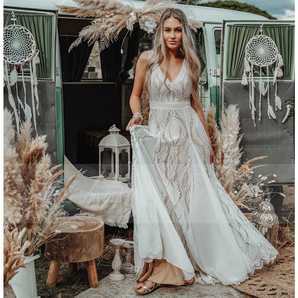 Boho V Neck Mermaid Wedding Dress Spaghetti Straps Sexy Backless Long Bride Gown 2023 Embroidery Sweep Train Robe de Mariée