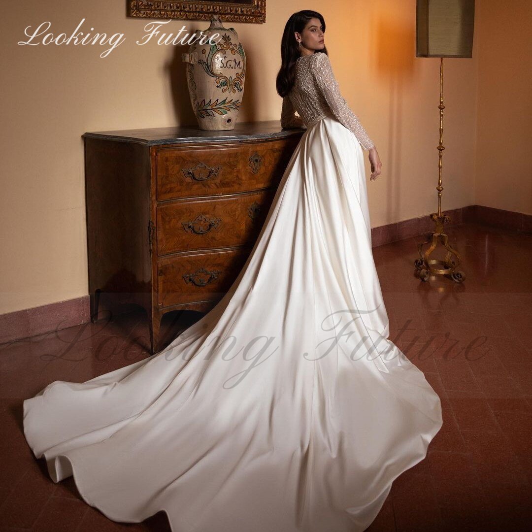Boho Dttachable 2 In 1 Luxury Satin Wedding Dress V Neck Full Sleeve Shiny Back White Bride Gown Shiny Sequined Vestido de Novia