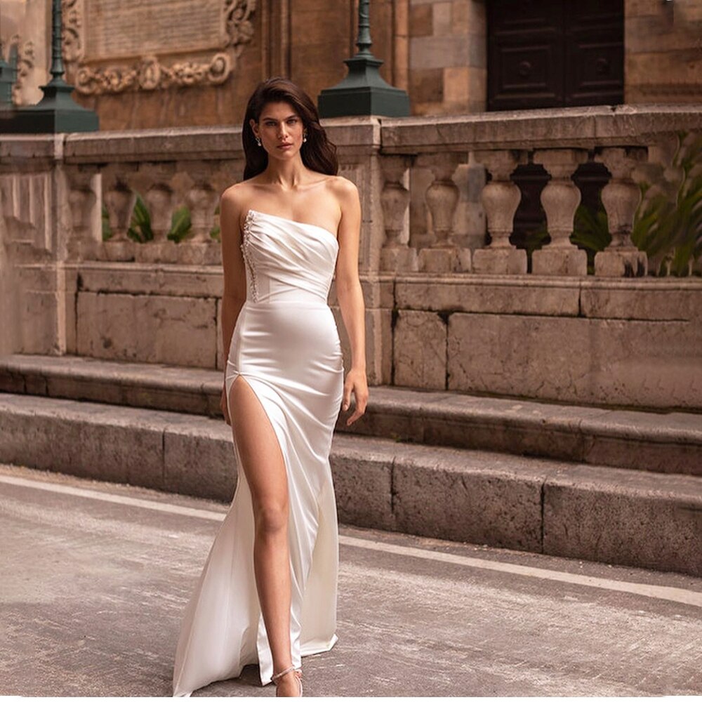 A-Line Sweetheart Satin Wedding Dresses With Side Slit White Ivory