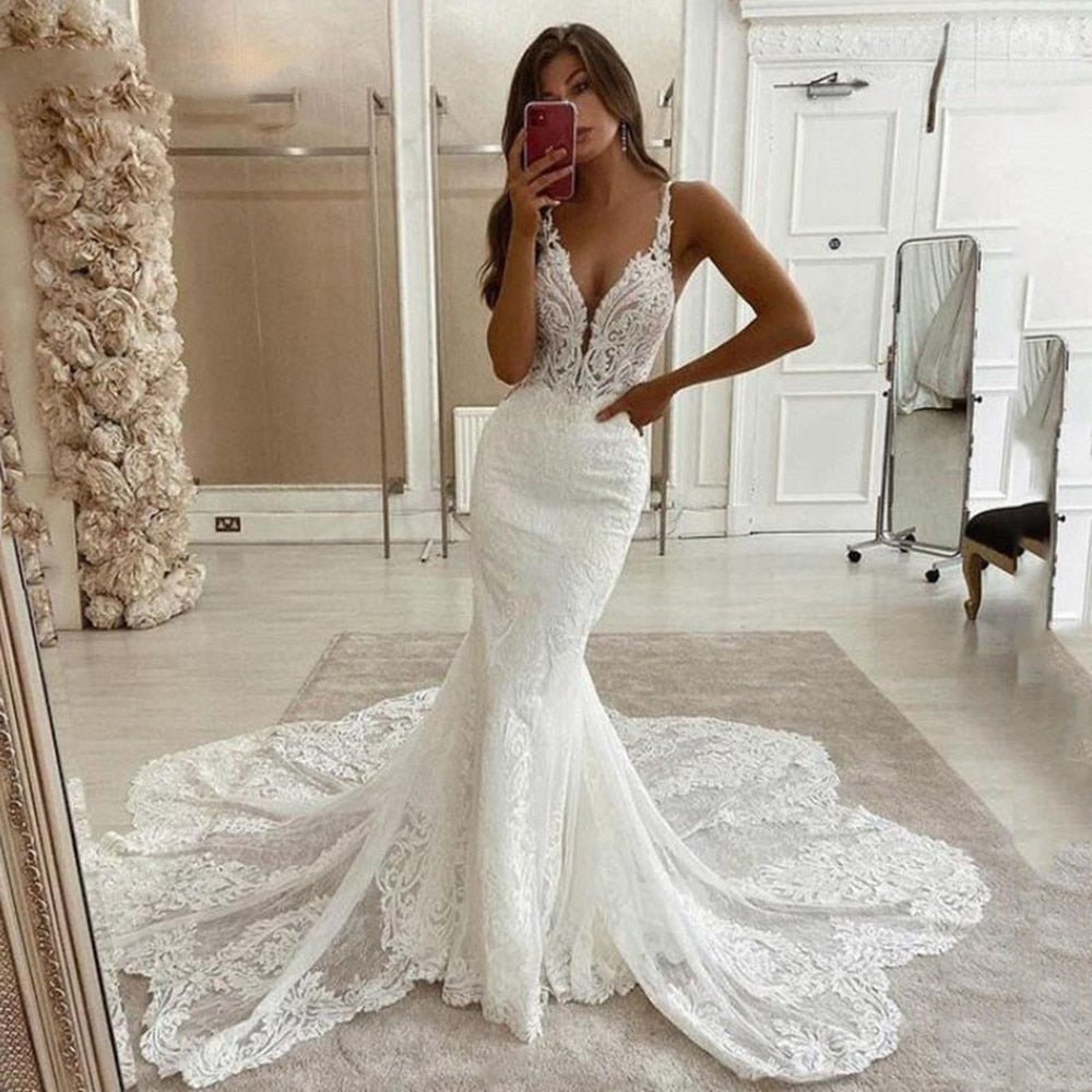 Luxury Sweetheart Mermaid Wedding Dresses Morden Lace Appliques Plus Size White Women African Sexy Bridal Wedding Gowns vestidos
