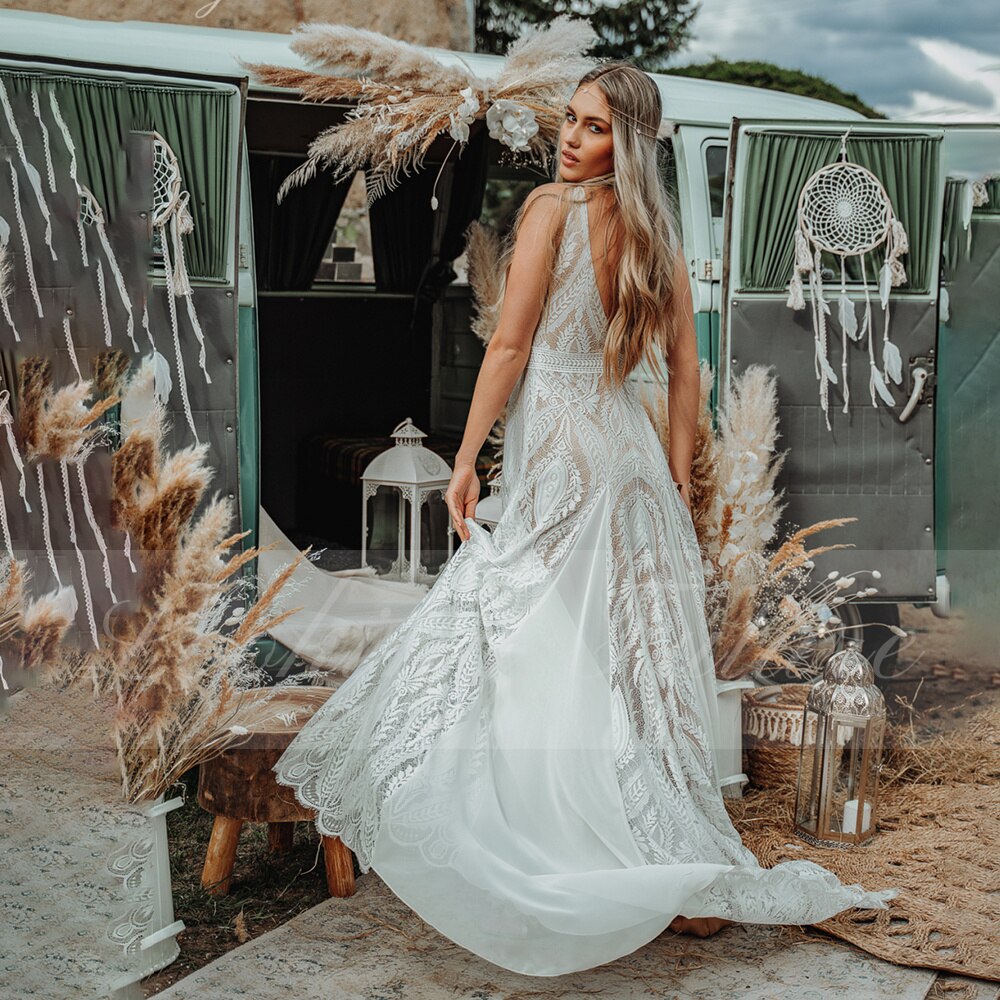 Boho V Neck Mermaid Wedding Dress Spaghetti Straps Sexy Backless Long Bride Gown 2023 Embroidery Sweep Train Robe de Mariée