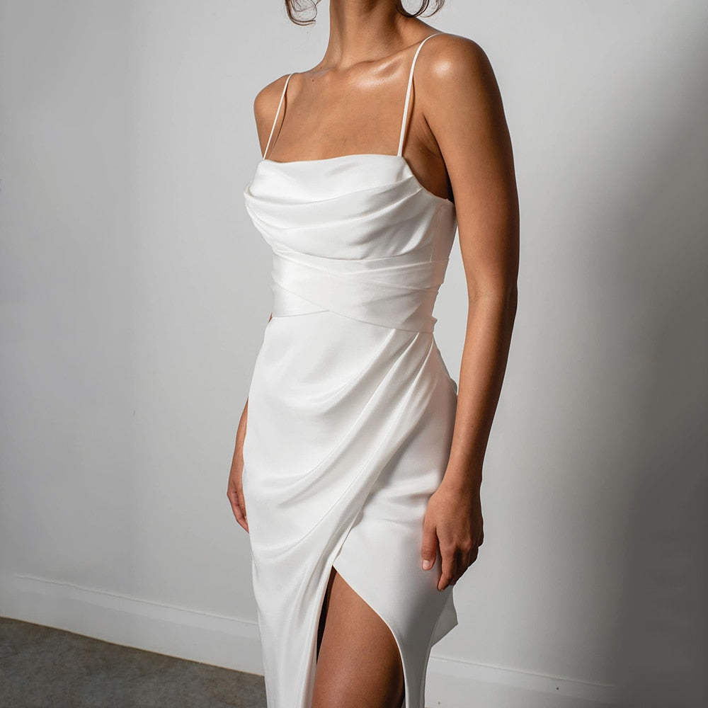 Bella Fancy Dresses US 0 Simple Mermaid White Wedding Dress Spaghetti Straps High Slit 2022 Satin Backless Plain Bridal Gown Sweep Train Vestido de Novia