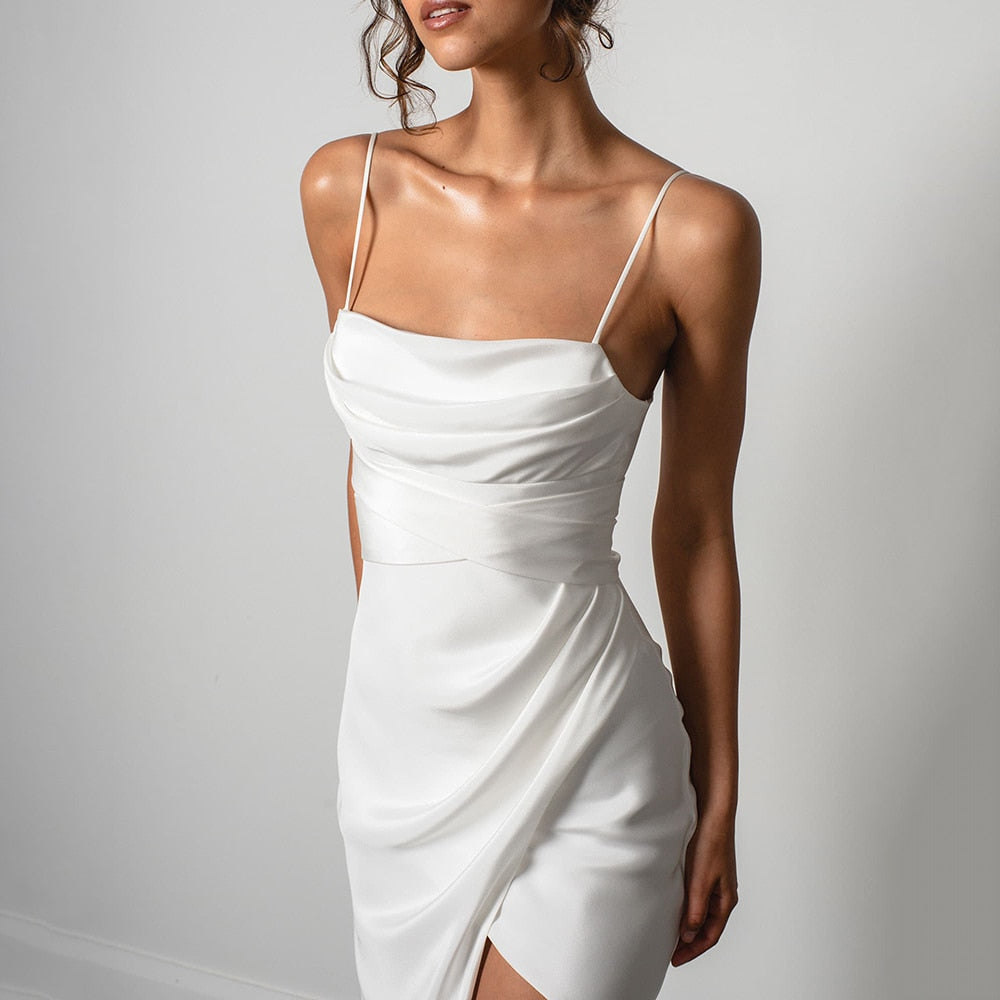 Bella Fancy Dresses US 0 Simple Mermaid White Wedding Dress Spaghetti Straps High Slit 2022 Satin Backless Plain Bridal Gown Sweep Train Vestido de Novia