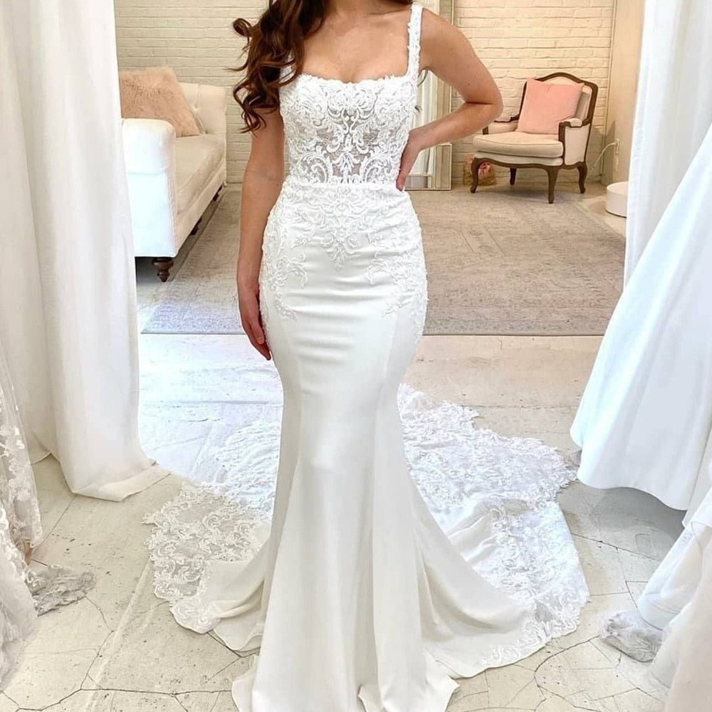 Bella Fancy Dresses US 0 White Mermaid Wedding Dress Square Collar Lace Appliques For Women Satin Robe De Mariee Floor Length Bridal Gowns Sweep Train