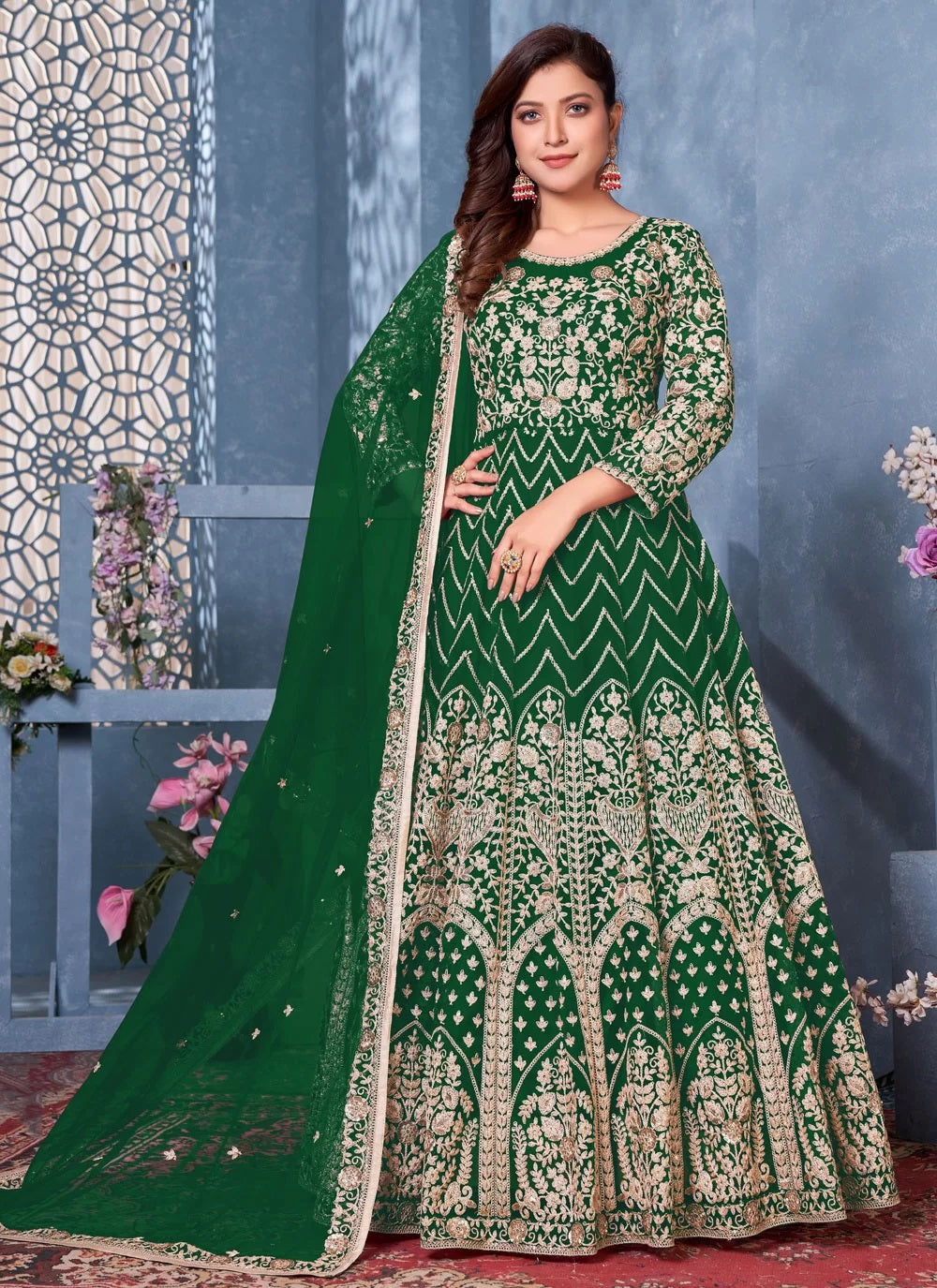 Bella Fancy Dresses Anarkali Dress Green Net Sequins Floor Length Designer Dress