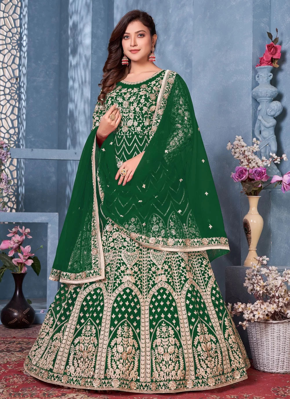Bella Fancy Dresses Anarkali Dress Green Net Sequins Floor Length Designer Dress