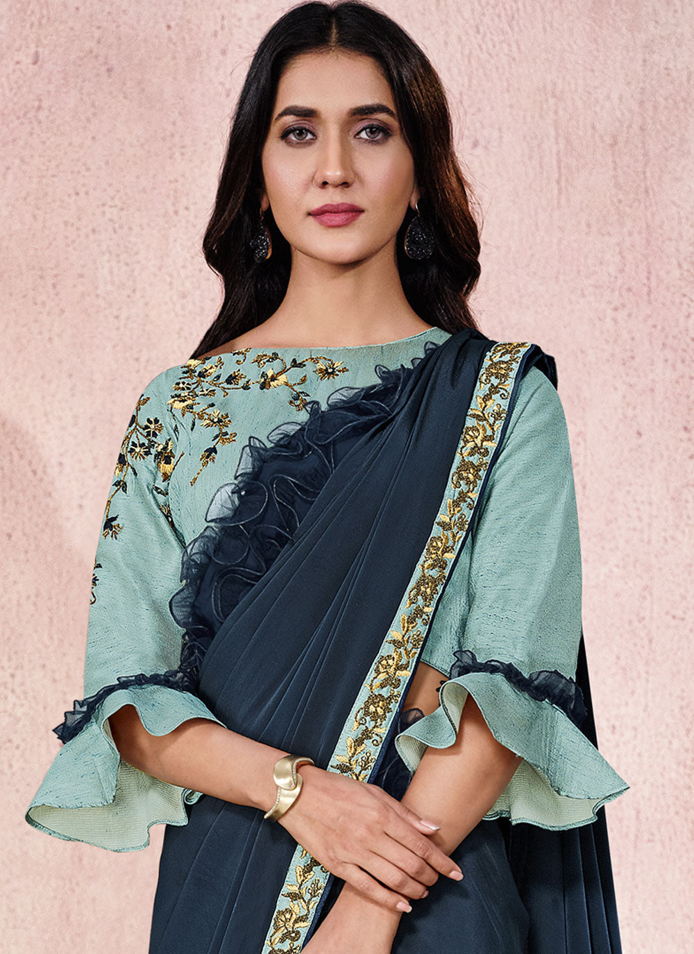 Bella Fancy Dresses Blue Embroidered Lycra Indian Saree