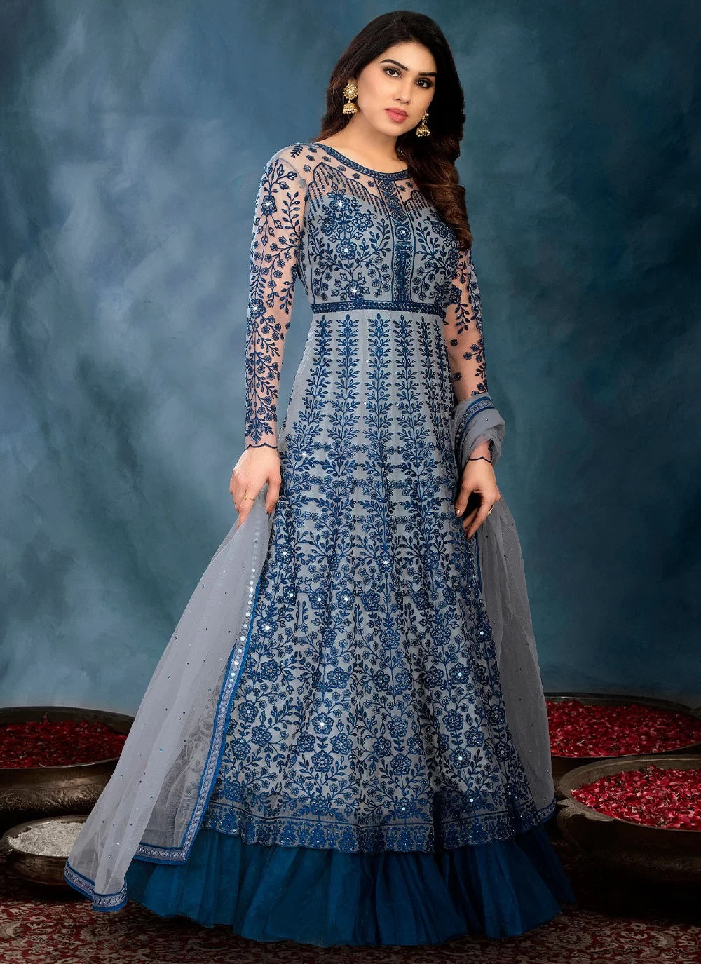Bella Fancy Dresses Blue Net Designer Floor Length Salwar Suit