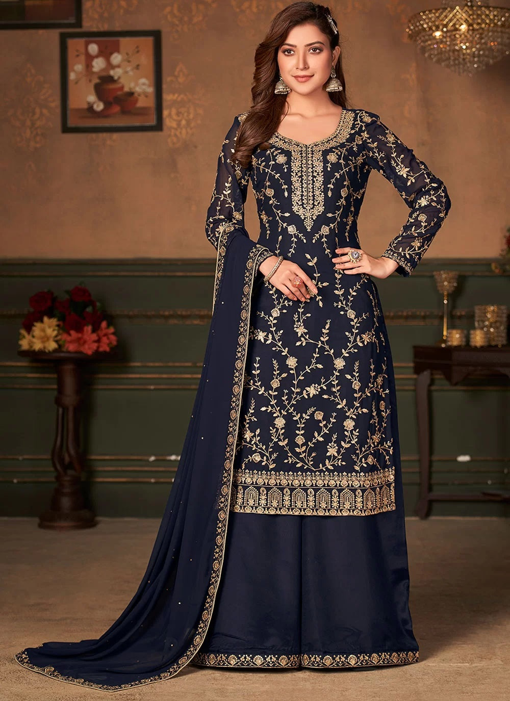 Bella Fancy Dresses Faux Georgette Navy Blue Embroidered Designer Palazzo Suit