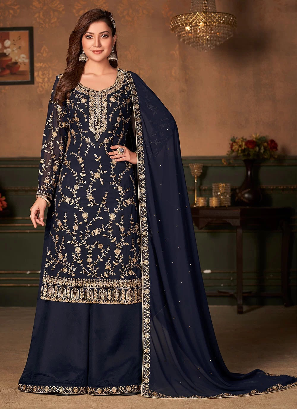 Bella Fancy Dresses Faux Georgette Navy Blue Embroidered Designer Palazzo Suit