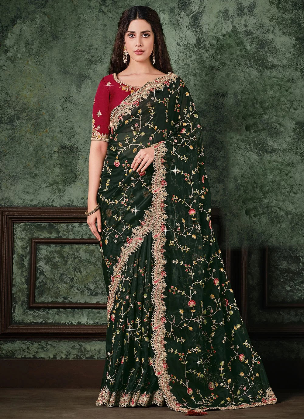 Bella Fancy Dresses Green Designer Resham Work net and organza Indian saree