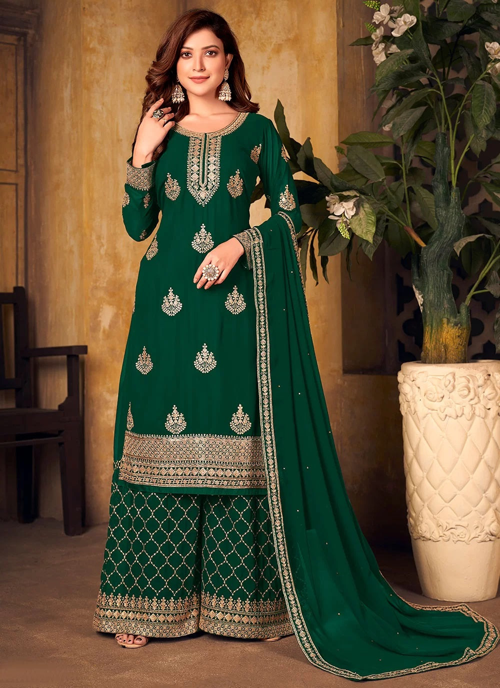 Bella Fancy Dresses Green Embroidered Lovely Palazzo Salwar Suit