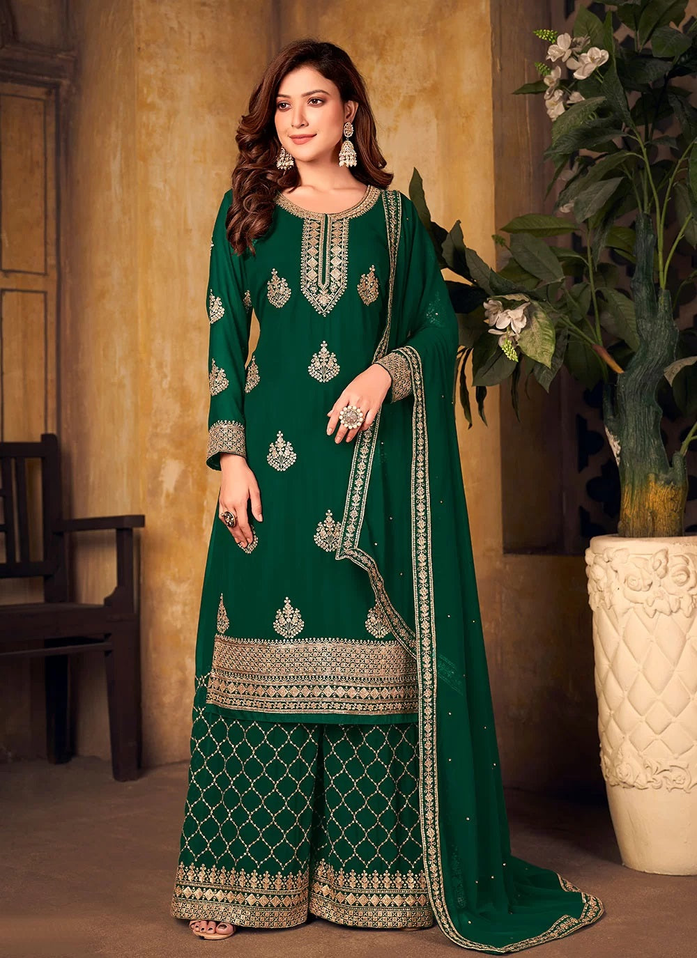 Bella Fancy Dresses Green Embroidered Lovely Palazzo Salwar Suit