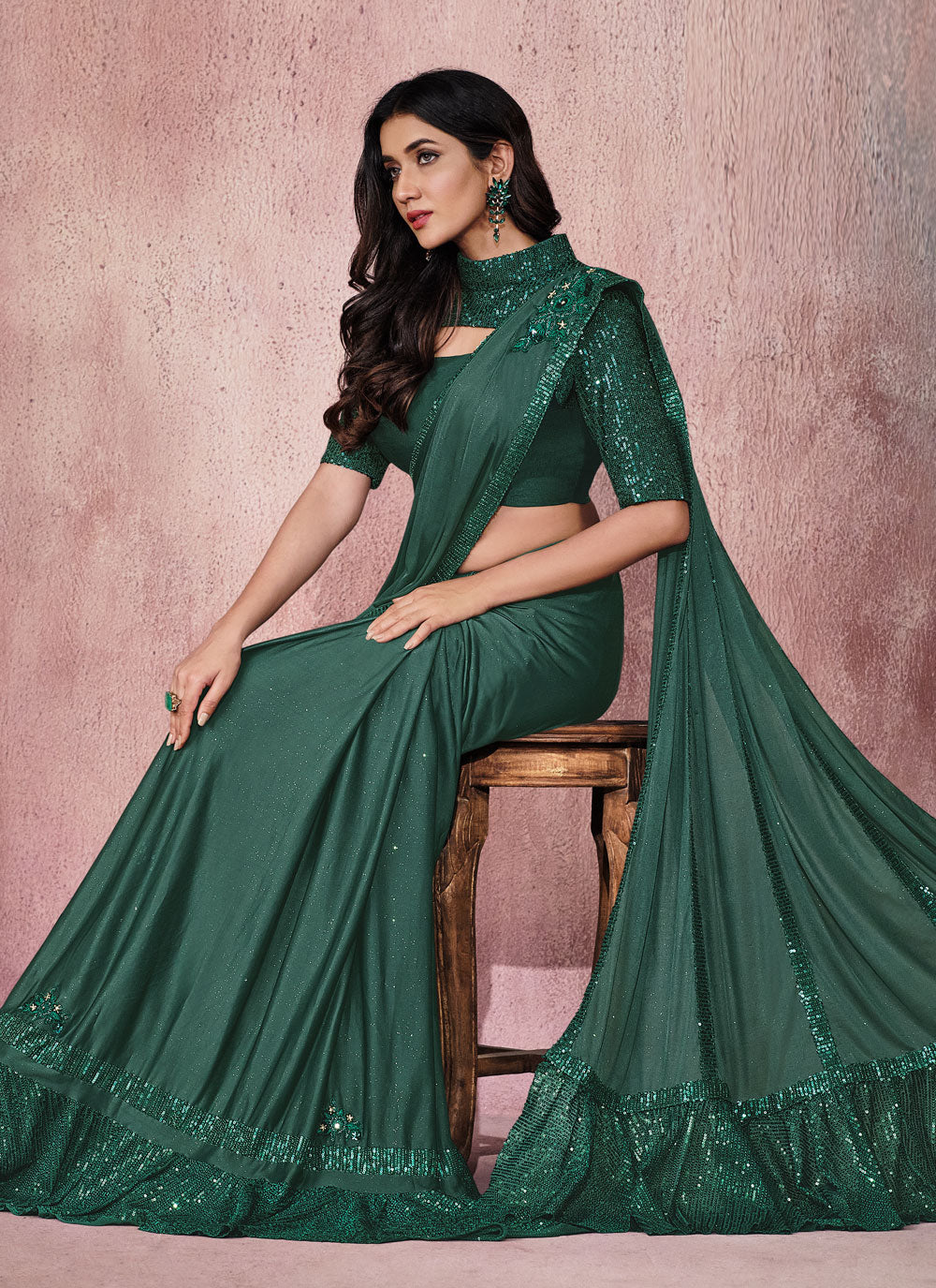Bella Fancy Dresses Green Embroidered Lycra Readymade Saree