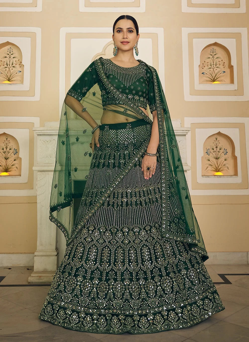 Bella Fancy Dresses Green Mirror Work Lehenga Choli For Wedding