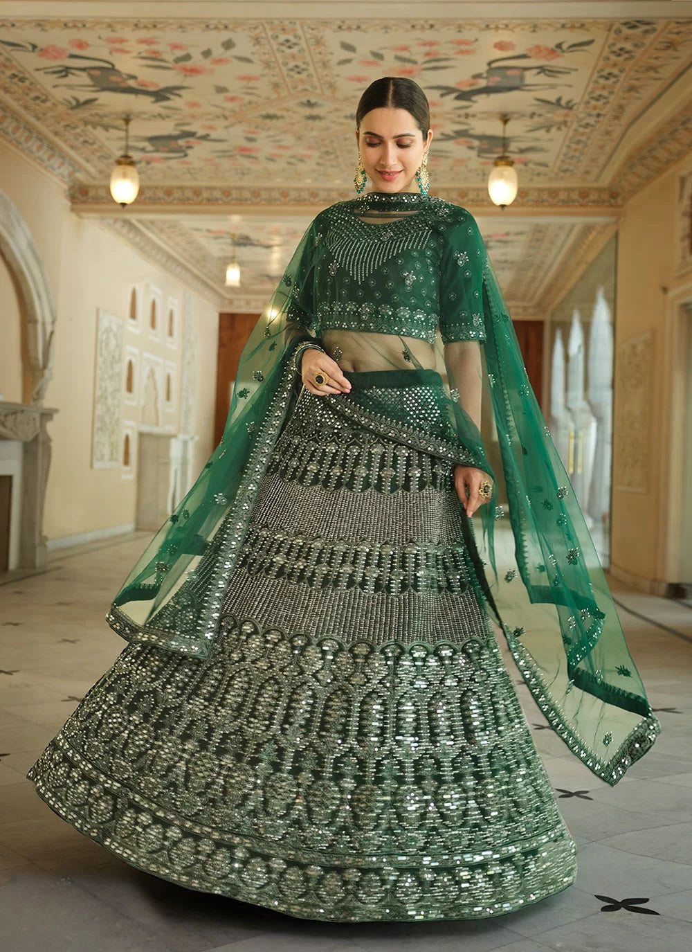 Bella Fancy Dresses Green Mirror Work Lehenga Choli For Wedding