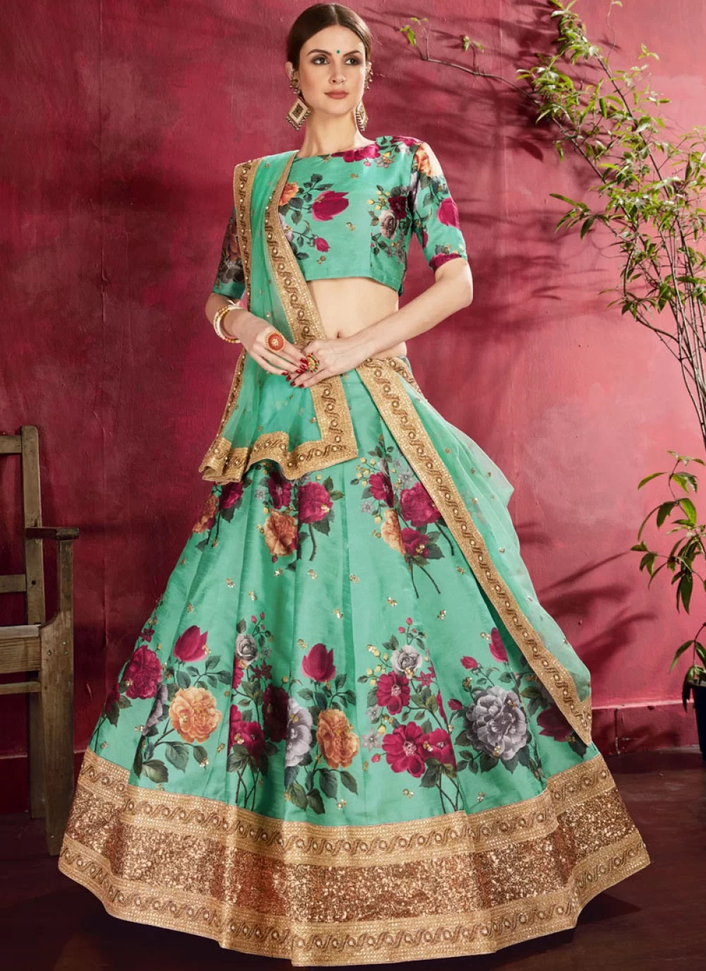 Bella Fancy Dresses Green Printed Art Silk Lehenga Choli For Indian Function