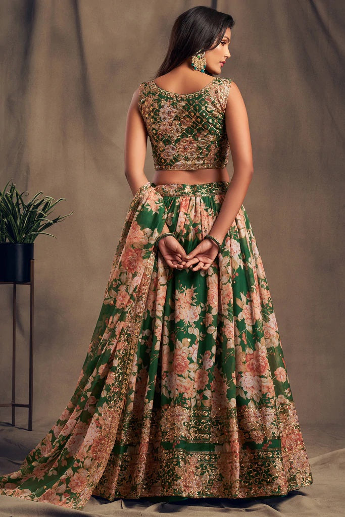 Bella Fancy Dresses Green Zari Embroidery Organza Occasional Wear Lehenga
