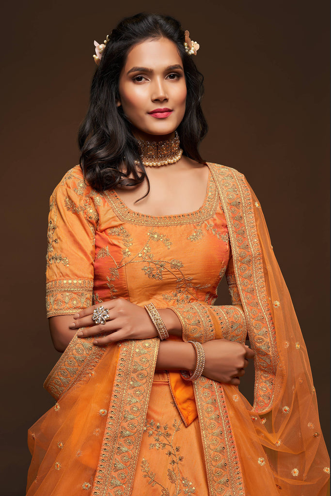 Bella Fancy Dresses Lehenga Attractive Orange Embroidered Silk Wedding Wear Lehenga Choli