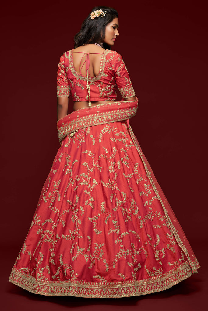Bella Fancy Dresses Lehenga Coral Red Embroidered Silk Lehenga Choli