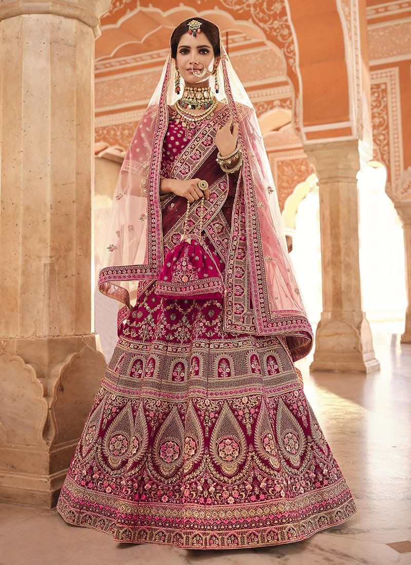 Bella Fancy Dresses Lehenga Dark Pink  Velvet Stone And Zari Work wedding Lehenga