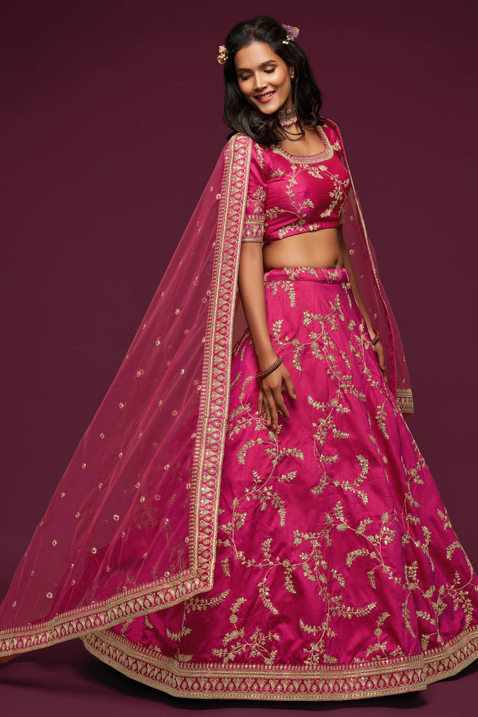 Bella Fancy Dresses Lehenga Gorgeous Pink Thread Embroidered Silk Lehenga