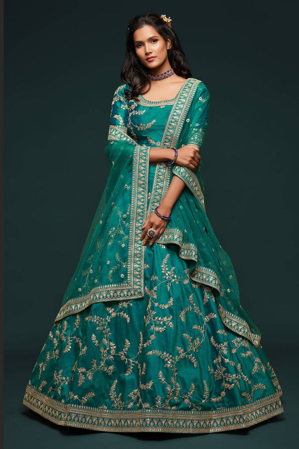 Bella Fancy Dresses Lehenga Green Thread Embroidered Silk Wedding Wear Lehenga