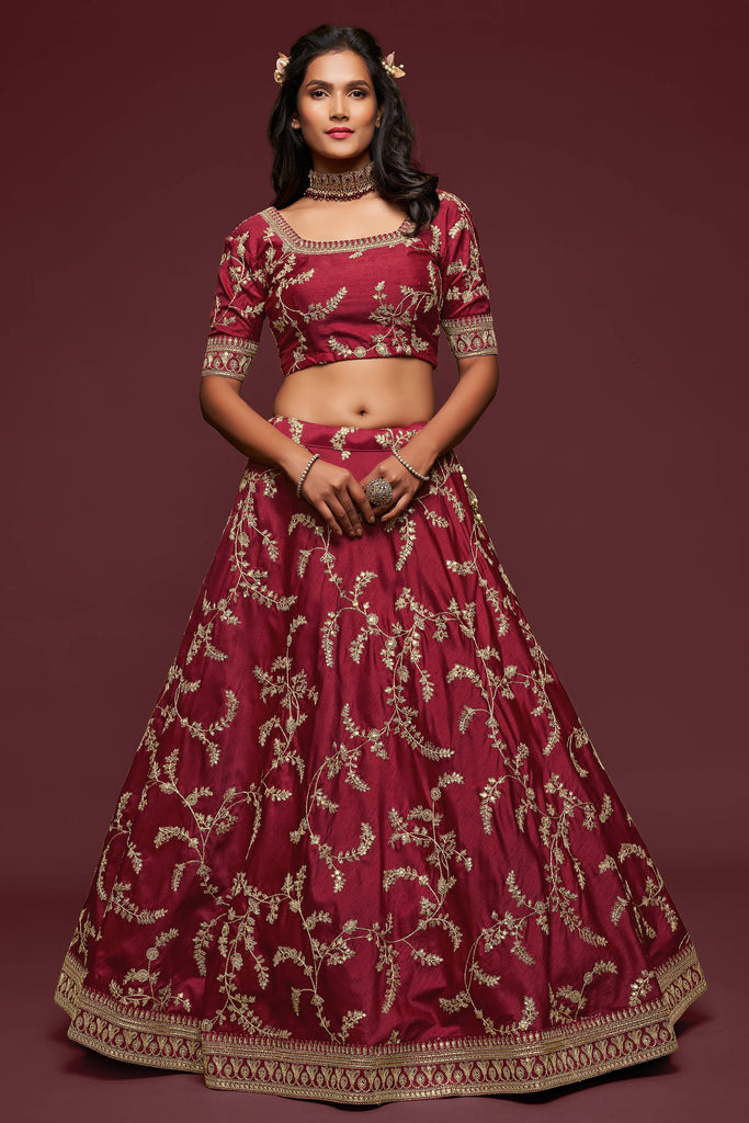 Bella Fancy Dresses Lehenga Maroon Thread Embroidered Silk Wedding Wear Lehenga Choli
