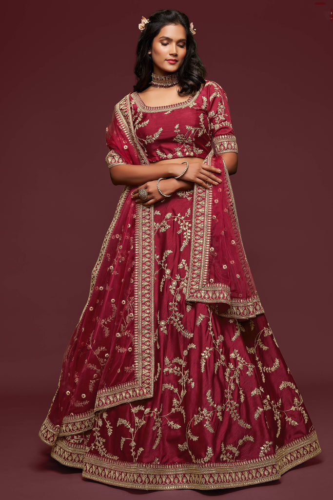 Bella Fancy Dresses Lehenga Maroon Thread Embroidered Silk Wedding Wear Lehenga Choli