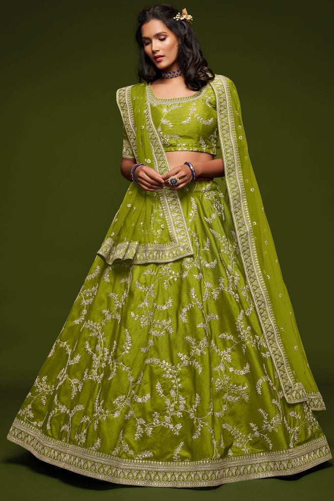 Bella Fancy Dresses Lehenga Neon Green Embroidered Silk Wedding Wear Lehenga