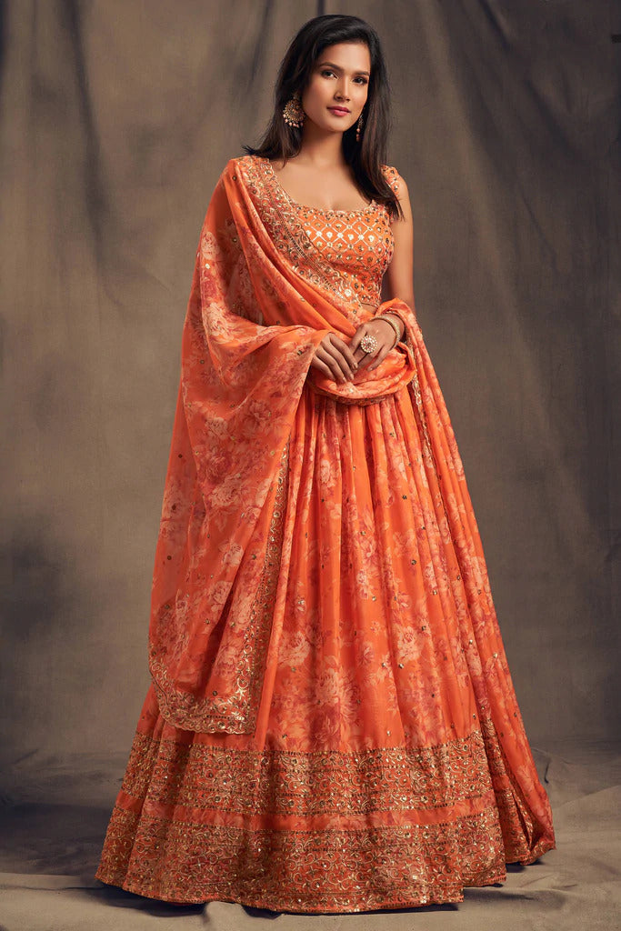 Bella Fancy Dresses Lehenga Orange Zari Embroidery Organza Semi Stitched Lehenga
