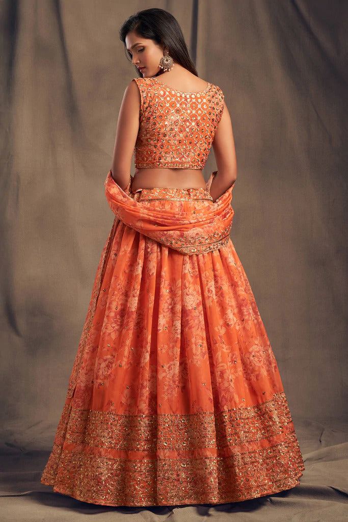 Bella Fancy Dresses Lehenga Orange Zari Embroidery Organza Semi Stitched Lehenga