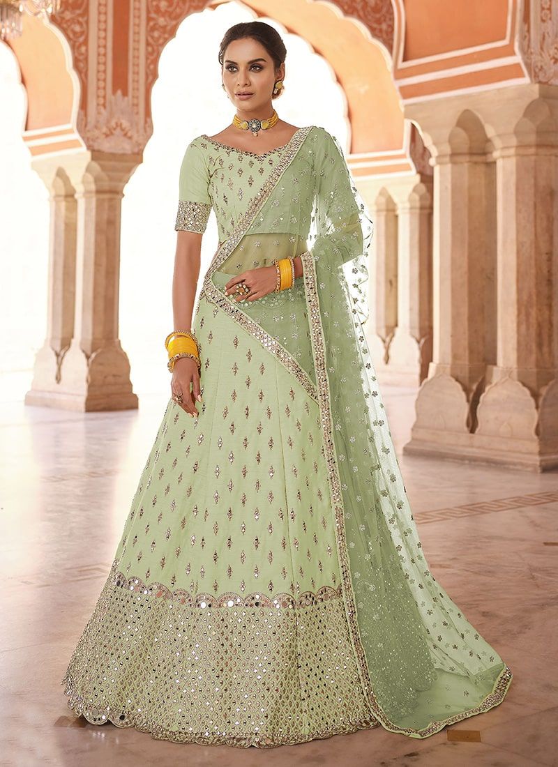 Bella Fancy Dresses Lehenga Pista Green  Art Silk Base Lehenga Choli With Real Mirror Work