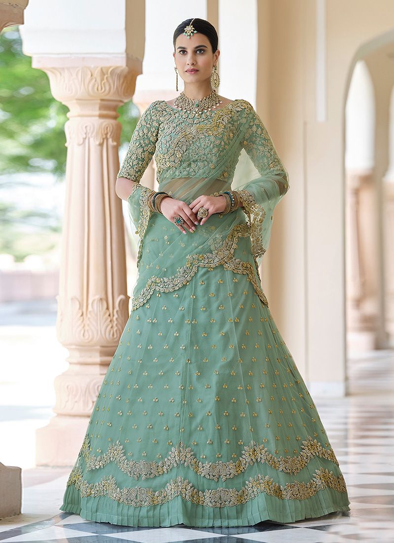Bella Fancy Dresses Lehenga Pista Green Sequins And Dori Work Lehenga Choli
