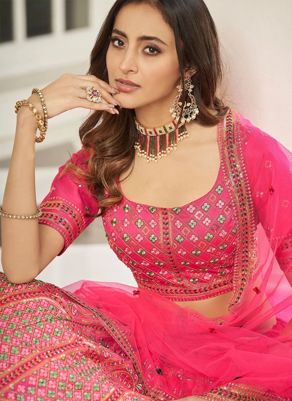 Bella Fancy Dresses Lehenga Silk Thread Work A Line Lehenga Choli In Pink Color