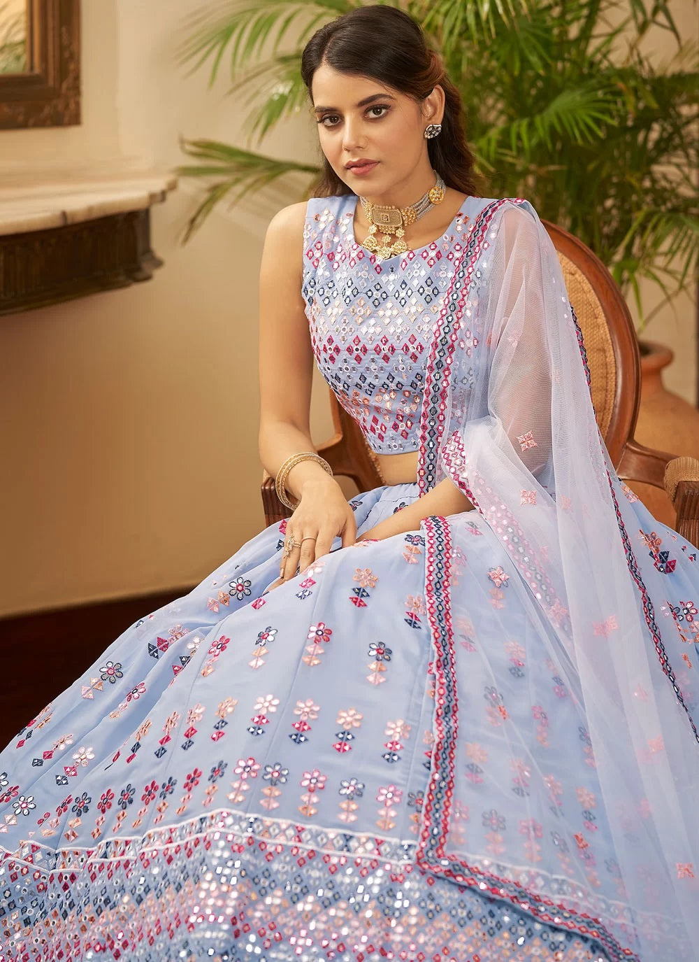Bella Fancy Dresses Lehenga Sky Blue Gota Patti and Thread Embroidery Work Lehenga