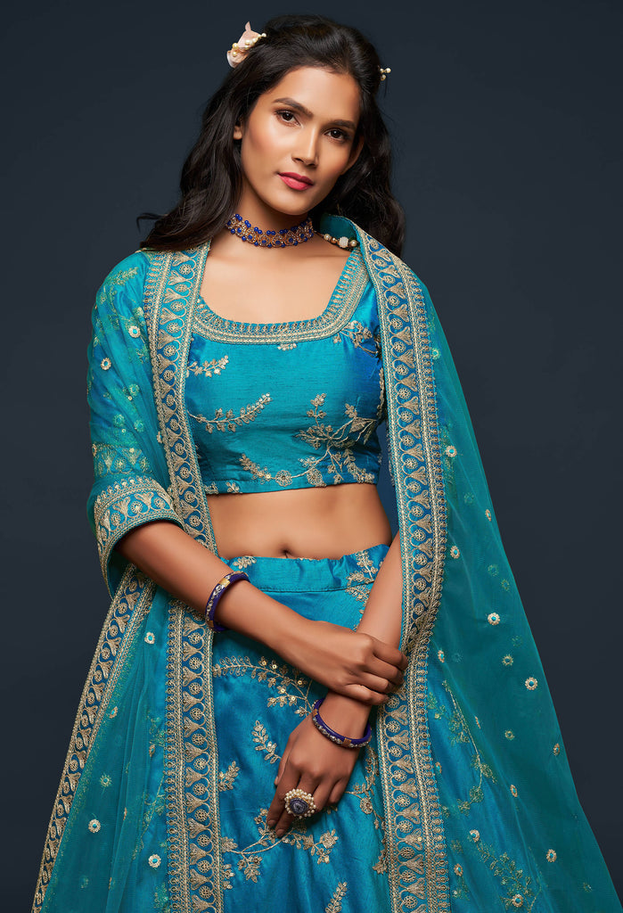 Bella Fancy Dresses Lehenga Teal Blue Thread Embroidered Silk Indian Lehenga Choli