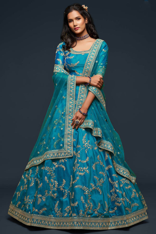 Bella Fancy Dresses Lehenga Teal Blue Thread Embroidered Silk Indian Lehenga Choli
