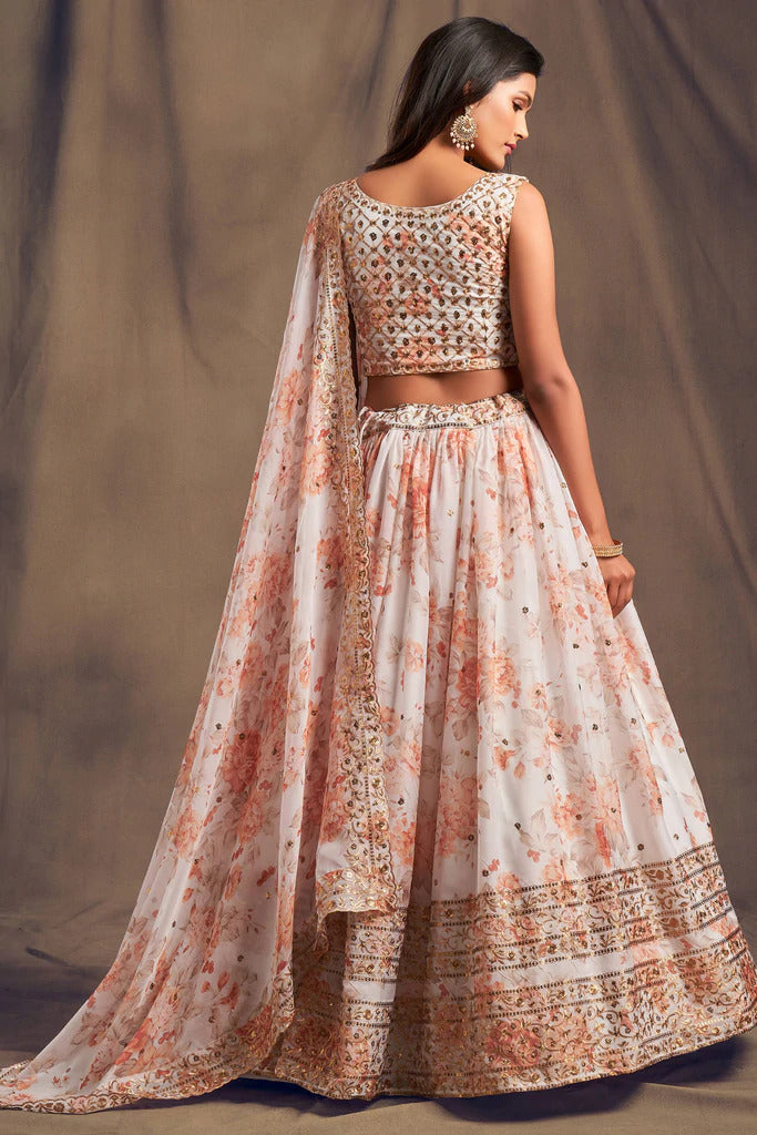 Bella Fancy Dresses Lehenga White & Orange Zari Embroidery Organza Semi Stitched Lehenga