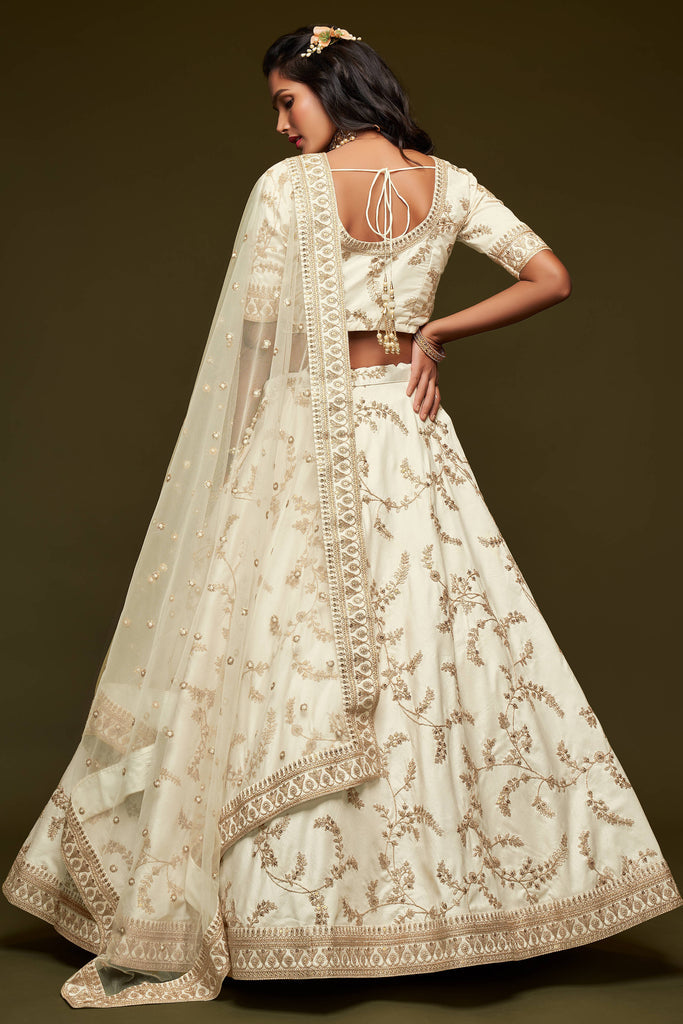 Bella Fancy Dresses Lehenga White Thread Embroidered Silk Wedding Wear Lehenga