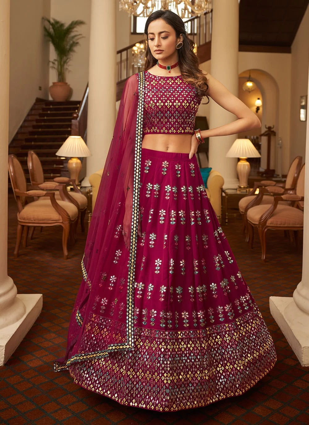 Bella Fancy Dresses Lehenga With Gota Patti and Thread Embroidery In Deep Pink
